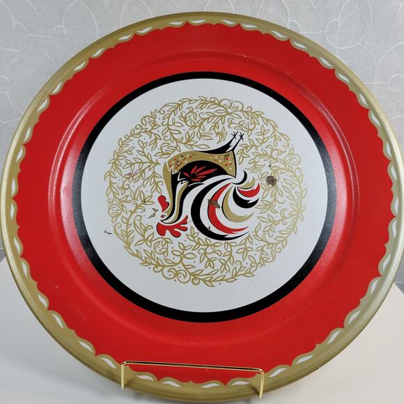 VINTAGE Stoyke Tray Platter 19" Round Red White Chicken Metal Mid Century 60s - Picture 15 of 16